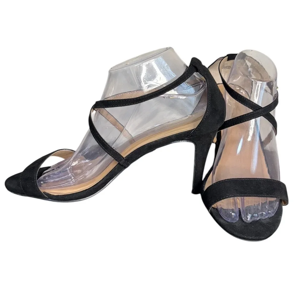 Thalia Sodi Darria2 Black Strappy Stiletto Sandals Womens 10W Wide Heel Open Toe
